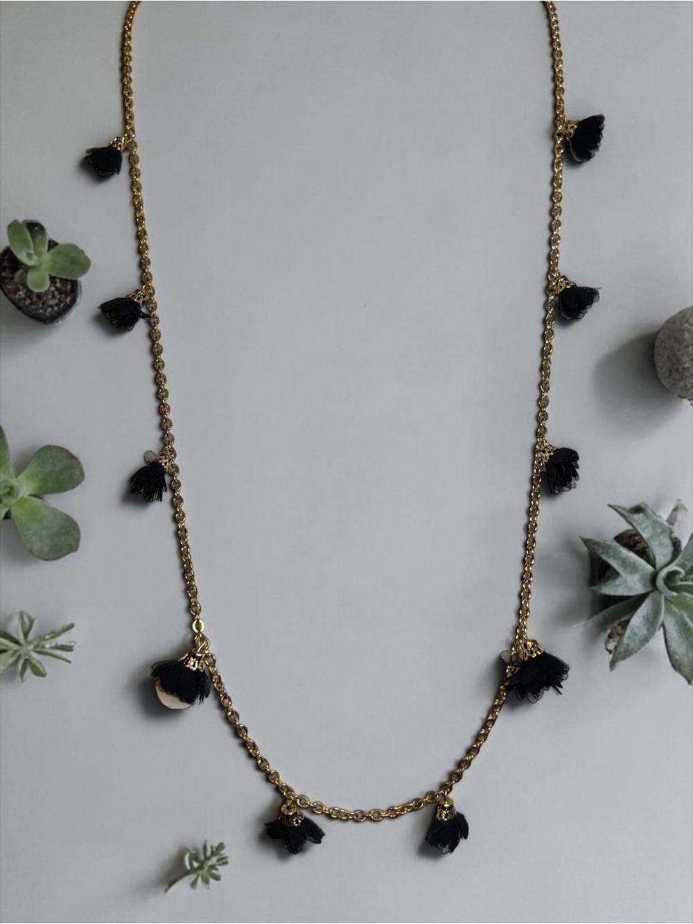 Gold Chain Necklace with Black Flowers Charms